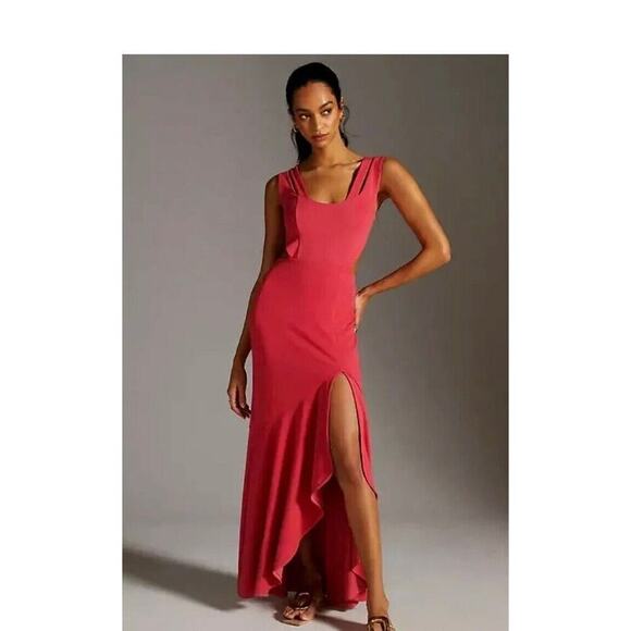 Maeve Dress Womens Small Red Maxi Slit Ruffle Open Cut Out Back Gauze - Picture 14 of 15